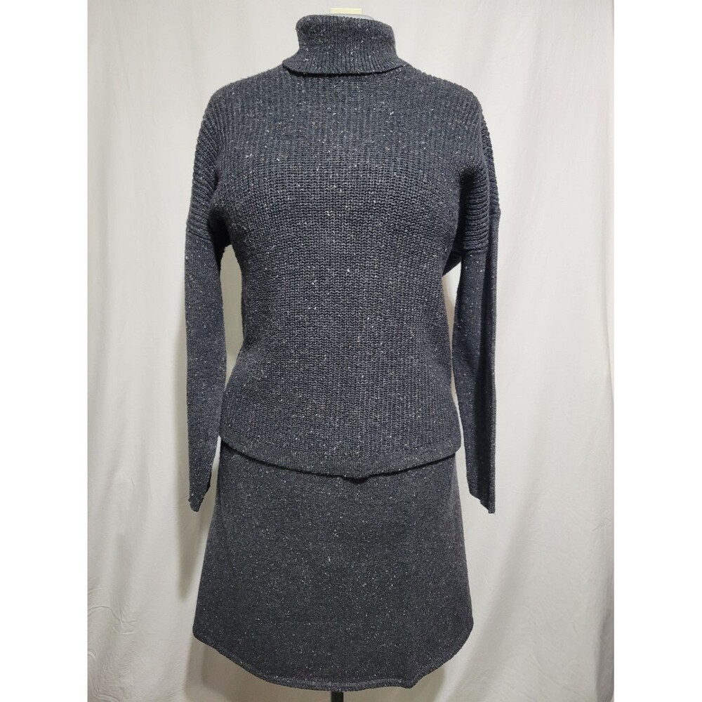 J. Jill Sweater Skirt Set Womens L Petite Gray Excellent Turtleneck Ribbed Knit